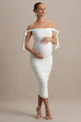 Chandelier | White Bardot Maternity Midi Dress With Bow Details