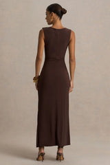 Fiora | Brown High-Neck Maxi Dress With Metal Detail