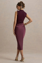 All Yours | Dark Cherry Satin High-Neck Wrap Midi Dress