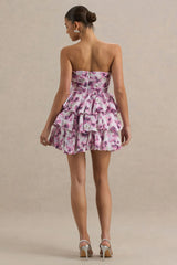 Swirl | Cream Floral Print Bandeau Puffball Mini Dress With Ruffle Detail