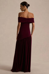 Venezia | Burgundy Bardot Puff-Skirt Maxi Dress