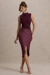 All Yours | Dark Cherry Satin High-Neck Wrap Midi Dress
