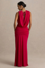 Serafina | Red Extreme-Plunge Maxi Dress With Ruched Detailing And Open-Back
