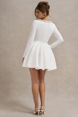 Wilder | White Embellished Square-Neck Long-Sleeve Skater Mini Dress
