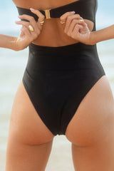 Daisy Delight | Black & White Halter-Neck Swimsuit With Corsage