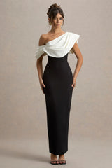 Angelina | Black & White Draped Shoulder Maxi Dress