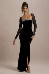 Ashby | Black Velvet Embellished Square-Neck Split Maxi Dress