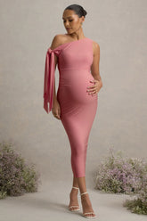 Katarine | Pink Asymmetric Knot Maternity Midi Dress