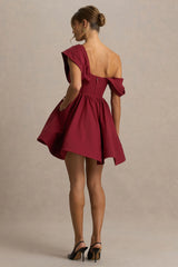 Verona | Burgundy Draped Asymmetric-Neck Skater Mini Dress