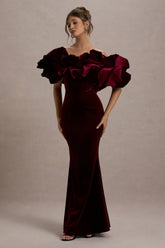 Cecily | Port Velvet Bardot Maxi Dress With Velvet Ruffle Trim