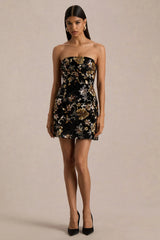 Valeri | Black Velvet Bandeau Mini Dress With Bronze Floral Sequin