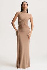 Solene | Brown High-Neck Maxi Dress With Wrap And Drape Detail