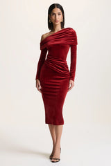 Eirene | Red Velvet Asymmetric-Neck Midi Dress