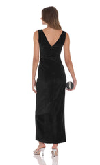 Velvet V-Neck Slit Maxi Dress in Black