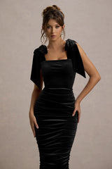 Tarna | Black Velvet Midi Dress With Bow Straps