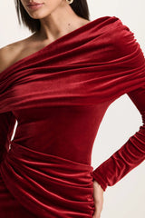 Eirene | Red Velvet Asymmetric-Neck Midi Dress