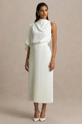 Jimena | Cream High-Neck Midi Dress With One-Long Sleeve And Pleated Detailing