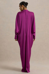 Tina | Pink Satin Plunge-Neck Embellished Maxi Dress