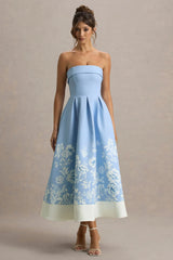 Annalise | Light Blue Floral Print Bandeau Skater Midi Dress