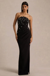 Saphira | Black Hand-Embellished Bandeau-Neck Maxi Dress