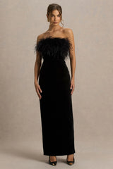Arella | Black Velvet Bandeau Maxi Dress With Feather Trim