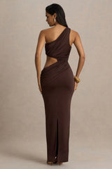 Serefine | Brown Asymmetric-Neck Maxi Dress With Body Cut-Out