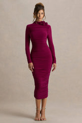 Tamara | Burgundy Long-Sleeve Ruched Midi Dress
