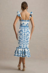 Sarey | Blue Porcelain Print Ruffle Midi Dress
