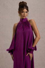 Baila | Mulberry Satin High-Neck Cape-Sleeve Maxi Dress