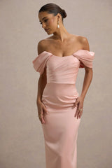 Annita | Light Pink Satin Bardot Maxi Dress