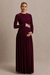 Monroe | Burgundy Crew-Neck Maternity Maxi Dress With Drop-Waist