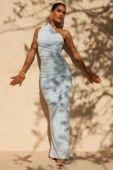 Daphne | Powder Blue Asymmetric-Neck Maxi Dress With Ruched Detailing