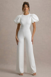Dillon | White Puff-Sleeve Straight-Leg Jumpsuit