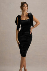 Tarna | Black Velvet Midi Dress With Bow Straps