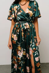 Sicily Satin Maxi Dress | Dark Green Floral