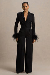 Lissy | Black Plunge-Neck Jumpsuit With Feather-Detailed Sleeves