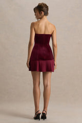 Valentina | Burgundy Bandeau Velvet Mini Dress With Pleated Detailing