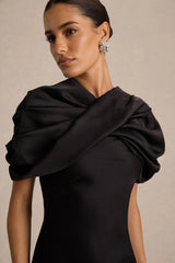 Yoli | Black Satin Maxi Dress With Removable Twist-Cape