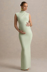Kienna | Light Green Ruched High-Neck Maternity Maxi Dress