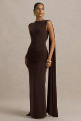 Premiere | Brown Boat-Neck Maxi Dress With Cape Sleeves And Open-Back