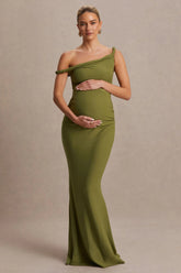 Lita | Olive Twisted Asymmetric Maternity Maxi Dress