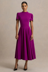 Vicky | Mulberry High Neck Midi Dress With Puff Sleeves