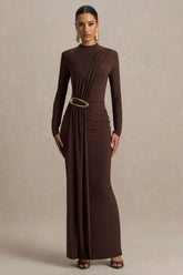 Zadie | Brown High-Neck Maxi Dress With Gathered-Detail