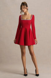 Astonish | Red Long-Sleeve Embellished Mini Dress With Volume Skirt