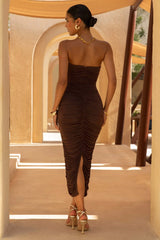 Spontaneity | Brown Bandeau Ruched Midi Dress