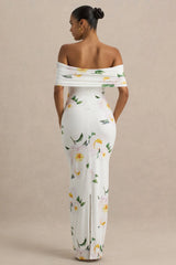 Capri | White Rose Print Bardot-Neck Maxi Dress With Ruched Detailing