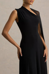 Selena | Black High-Neck Maxi Dress With Cut-Out And Cape Sleeve Detail