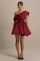 Verona | Burgundy Draped Asymmetric-Neck Skater Mini Dress