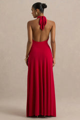 Mist | Red Plunge-Neck Maxi Dress With Sash Detail And Front High Split