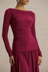 Aniyah | Burgundy High-Neck Maxi Dress With Ruched Detailing